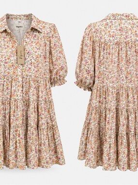 Cream Floral Tiered Midi Dress